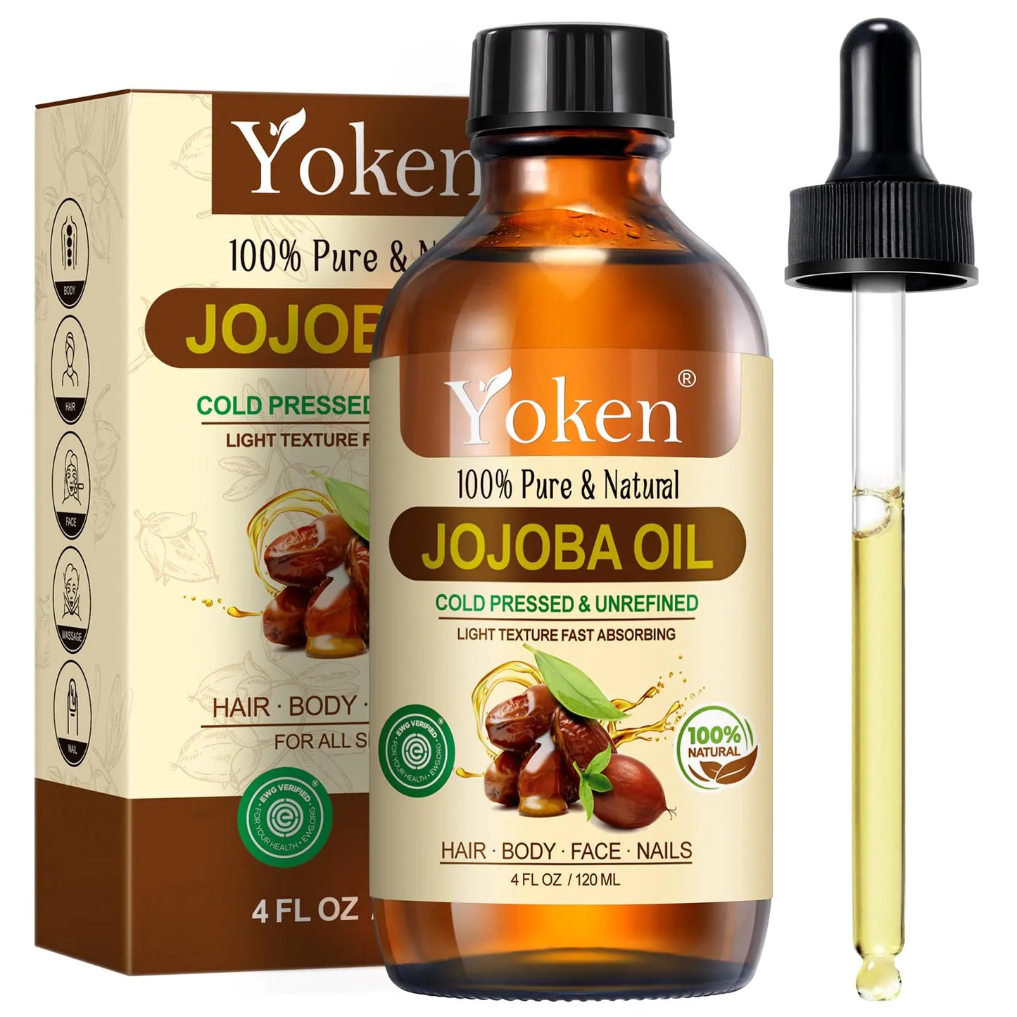 Yoken Organic Jojoba Oil 4 fl oz EWG Verified 100% Pure Jojoba Oil Cold Pressed for Skin Hair Nails Cuticles